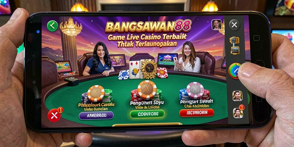Screenshot gameplay BANGSAWAN88 dengan dealer langsung dan pemain interaktif.