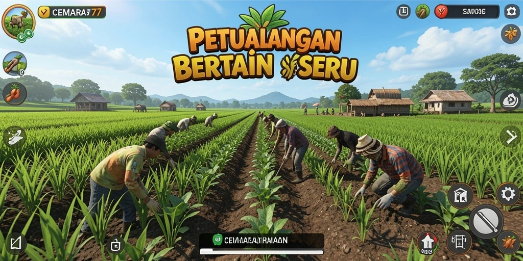 Screenshot gameplay CEMARA77 menampilkan ladang yang luas dengan tanaman subur.