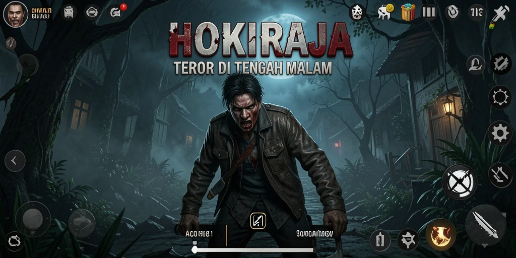 Tampilan menyeramkan dari gameplay HOKIRAJA saat menjelajahi tempat gelap.