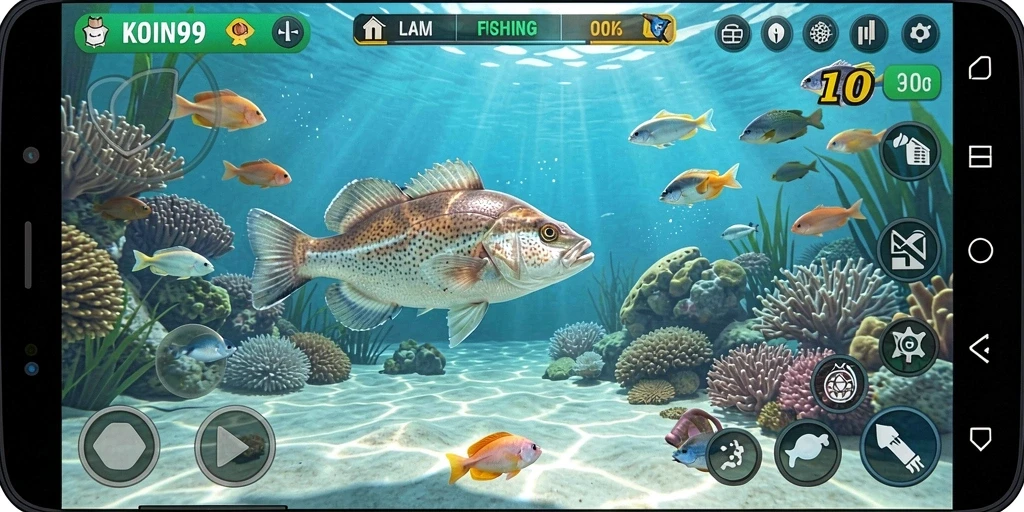 Tampilan gameplay KOIN99 saat pemain memancing di laut lepas.