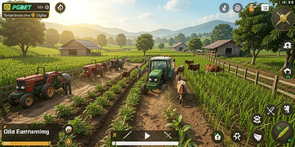 Screenshot gameplay PGBET menampilkan kebun yang subur dan berbagai aktivitas pertanian.
