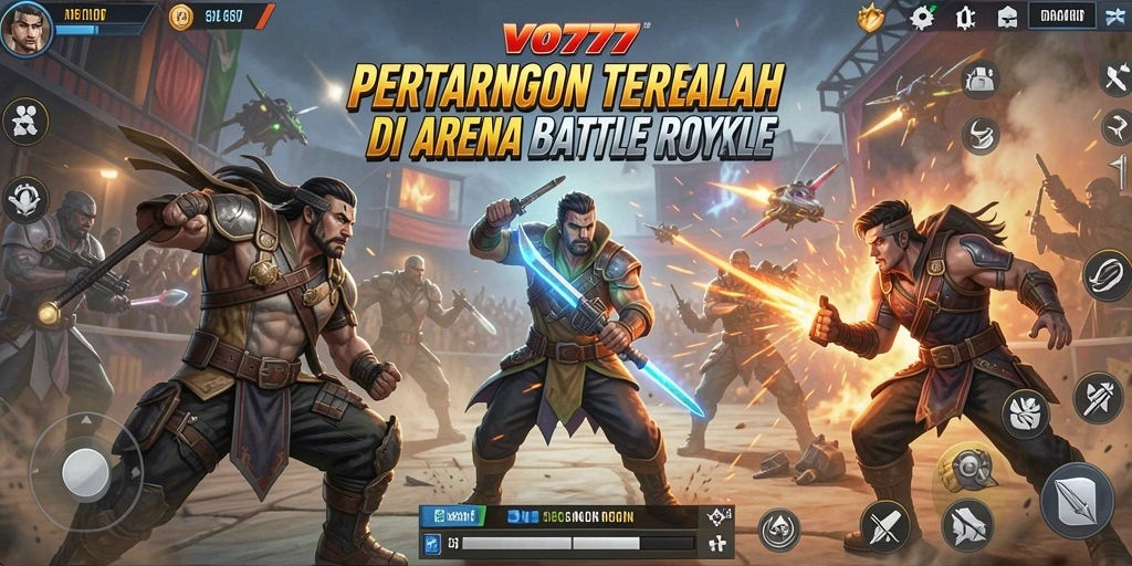 Screenshot gameplay VO777 menunjukkan momen pertarungan intens di arena Battle Royale.